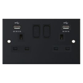 Selectric DSL11-61 5M Matt Black 2 Gang 13A 2x USB-A 2.1A Switched Socket