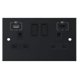 Selectric DSL11-63 5M Matt Black 2 Gang 13A 1x USB-A 2.4A 1x USB-C 3A Switched Socket image
