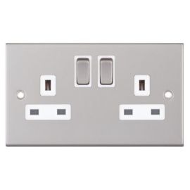 Selectric DSL122 5M Satin Chrome 2 Gang 13A 2 Pole 2 Earth Terminal Switched Socket - White Insert image