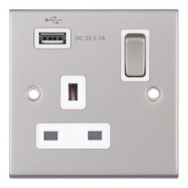 Selectric DSL160 5M Satin Chrome 1 Gang 13A 1x USB-A 2.1A Switched Socket - White Insert