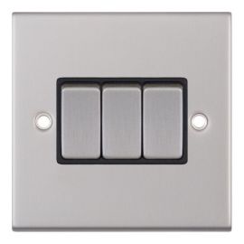 Selectric DSL203 5M Satin Chrome 3 Gang 10AX 2 Way Plate Switch - Black Insert image