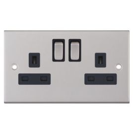 Selectric DSL222 5M Satin Chrome 2 Gang 13A 2 Pole 2 Earth Terminal Switched Socket - Black Insert image