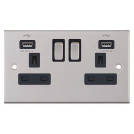 Selectric DSL261 5M Satin Chrome 2 Gang 13A 2x USB-A 2.1A Switched Socket - Black Insert image