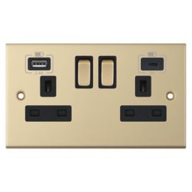 Selectric DSL863 5M Satin Brass 2 Gang 13A 1x USB-A 2.4A 1x USB-C 3A Switched Socket image