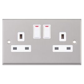 Satin Chrome and White 2 Gang Double Switched DP Socket Outlet 13A image