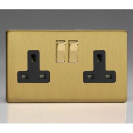 Varilight XDB5BS Screwless Brushed Brass 2 Gang 13A Double Pole Switched Socket - Black Insert