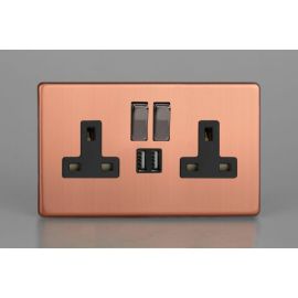 Varilight XDY5U2SBS.BC Urban Screwless Brushed Copper 2 Gang 13A 2x USB-A 2.1A Unswitched Socket