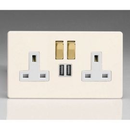 Varilight XDY5U2SVWS.PD Screwless Primed 2 Gang 13A 2x USB-A 2.1A Switched Socket - White Insert Brass Switch