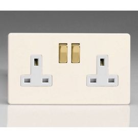 Varilight XDY5VWS.PD Screwless Primed 2 Gang 13A Double Pole Switched Socket - White Insert Brass Switch image