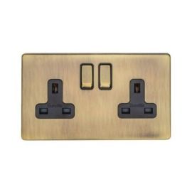 Eurolite AB2SOB Concealed 3mm Screwless Antique Brass 2 Gang 13A Double Pole Switched Socket image