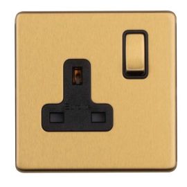 Eurolite ECSB1SOB Concealed 3mm Screwless Satin Brass 1 Gang 13A Double Pole Switched Socket