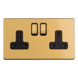 Eurolite ECSB2SOB Concealed 3mm Screwless Satin Brass 2 Gang 13A Double Pole Switched Socket