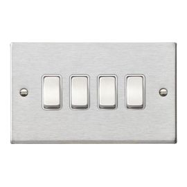 Hamilton 74R24SS-W Hartland Satin Steel 4 Gang 10AX 2 Way Plate Switch - Steel and White Insert