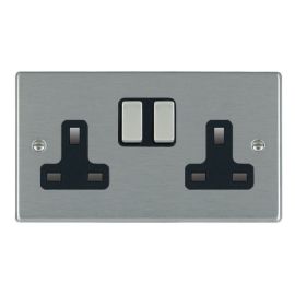 Hamilton 74SS2SS-B Hartland Satin Steel 2 Gang 13A 2 Pole Switched Socket - Steel and Black Insert