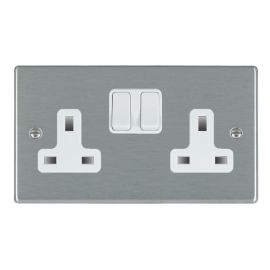 Hamilton 74SS2WH-W Hartland Satin Steel 2 Gang 13A 2 Pole Switched Socket - White Insert