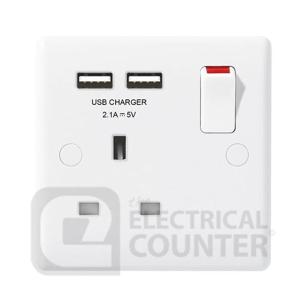 BG Electrical 821U2 Moulded White Round Edge 1 Gang 13A 1 Pole 2x USB-A 2.1A Switched Socket