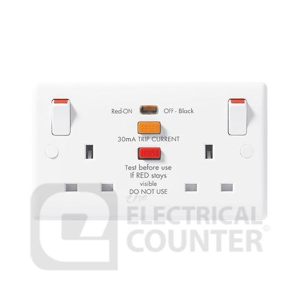 BG Electrical 822RCD Moulded White Round Edge 2 Gang 13A RCD 30mA 3120W Max Load 1 Pole Switched Socket 