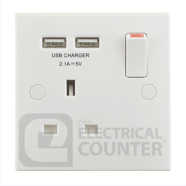 BG Electrical 921U2 Moulded White Square Edge 1 Gang 13A 1 Pole 2x USB-A 2.1A Switched Socket