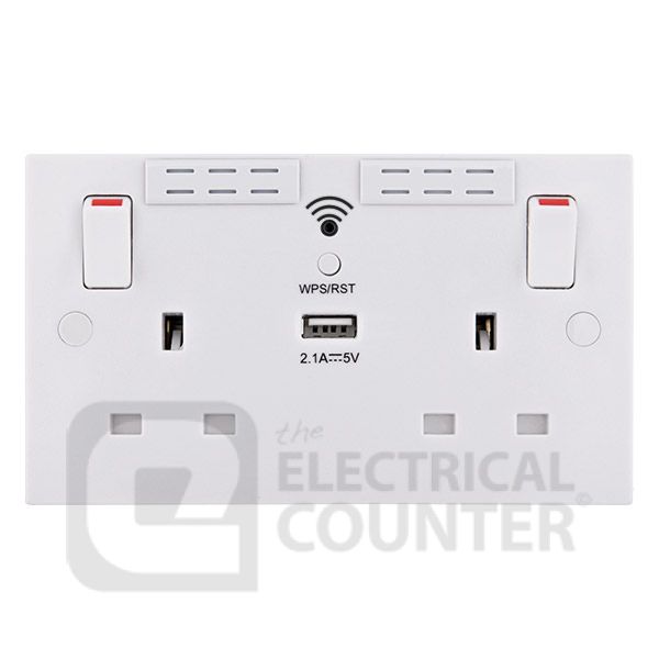 BG Electrical 922UWR Moulded White Square Edge 2 Gang 13A 1x USB-A 2.1A Wi-Fi Range Extender 1 Pole Switched Socket
