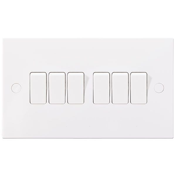 BG Electrical 946 Moulded White Square Edge 6 Gang 20A 16AX 2 Way Plate Switch