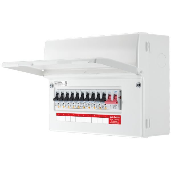 BG Fortress CFUSWP110A 10 Way 3x6A 2x16A 4x32A 1x40A Type-A B-Curve RCBO 100A Main Switch Populated Metal Consumer Unit