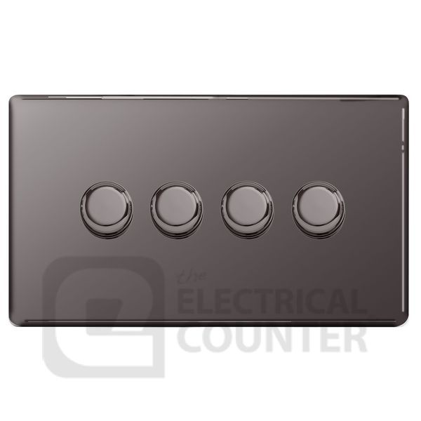 BG Electrical FBN84 Nexus Flatplate Screwless Black Nickel 4 Gang 200W 2 Way Trailing-Edge Push Dimmer Switch