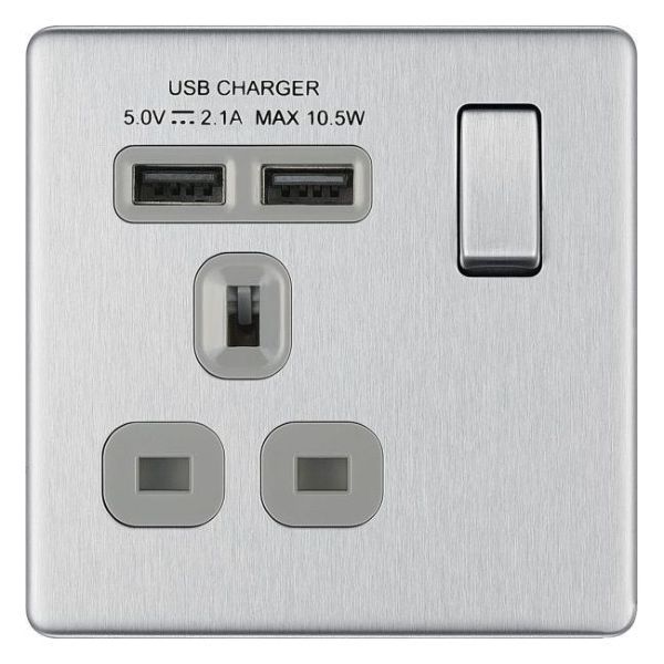 BG Nexus FBS22U3G Screwless Brushed Steel Grey USB 3.1A Double Switch Socket 