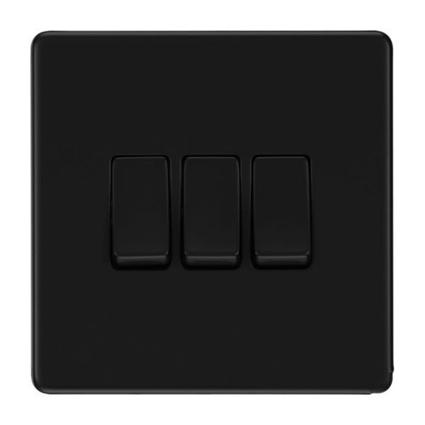 BG FFB43 Nexus Flatplate Screwless Matt Black 3 Gang 20A 16AX 2 Way Plate Switch