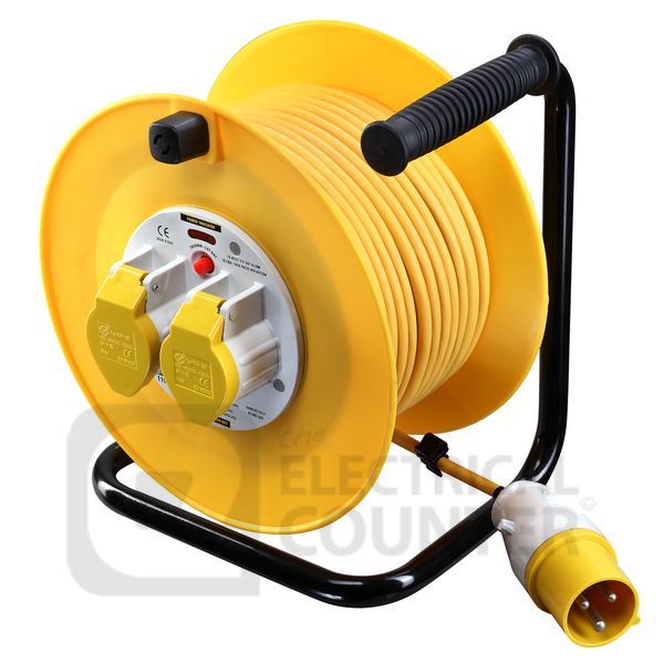Masterplug Yellow 110V 16A 2 Gang Cable Reel with Indicator 50m