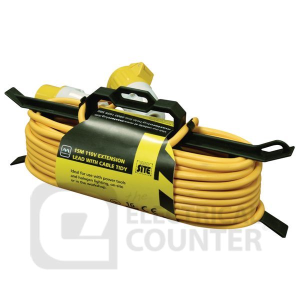 Yellow 110V 16A 1 Gang In Line Extension Lead and Cable Tidy 15m