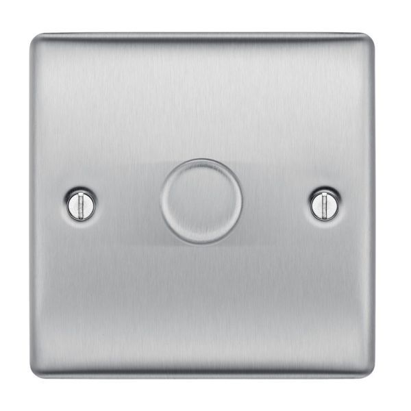 Watch a video of the BG NBS81 Nexus Metal Brushed Steel 1 Gang 200W 2 Way Trailing Edge Push Type Dimmer Switch