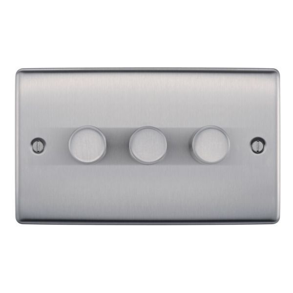 Watch a video of the BG NBS83 Nexus Metal Brushed Steel 3 Gang 200W 2 Way Trailing Edge Push Type Dimmer Switch