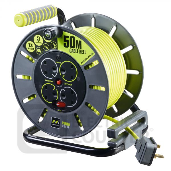 Pro XT 4 Gang Large Open Cable Reel with Switch and LED 50m