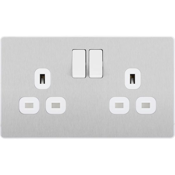 BG PCDBS22W Brushed Steel Evolve 2 Gang 13A Switched Socket Outlet - White Insert