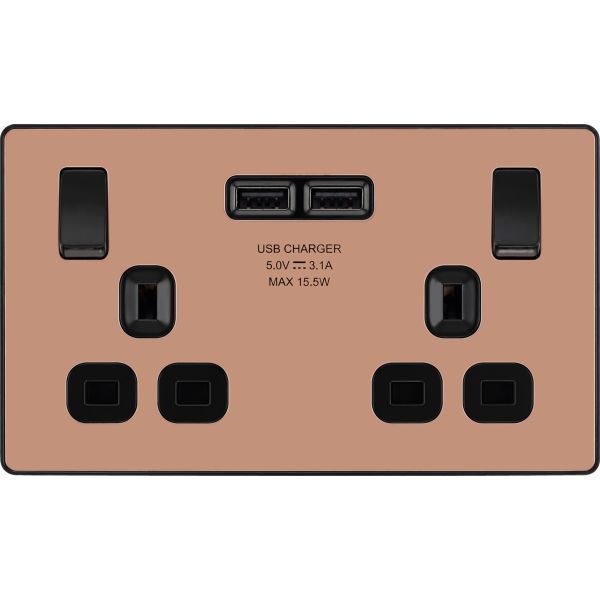 BG PCDCP22U3B Polished Copper Evolve 2 Gang 13A 2x USB-A 3.1A Switched Socket Outlet - Black Insert