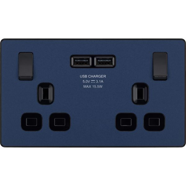 BG PCDDB22U3B Matt Blue Evolve 2 Gang 13A 2x USB-A 3.1A Switched Socket Outlet - Black Insert