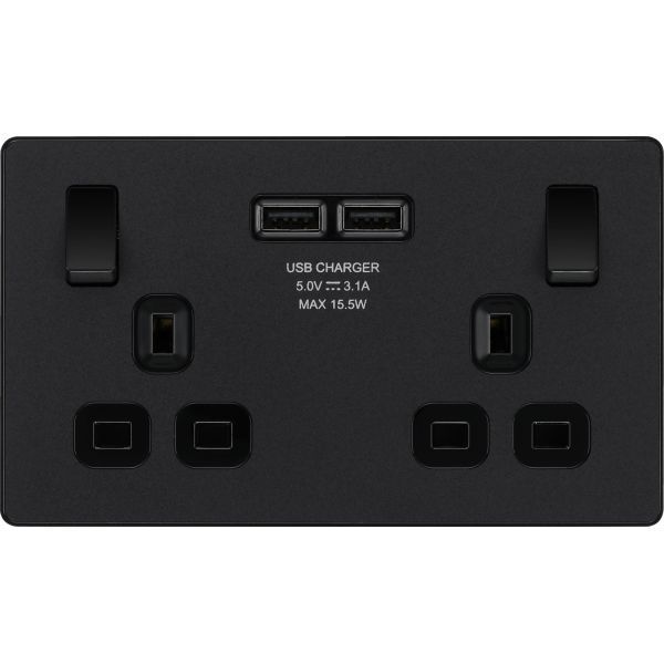 BG PCDMB22U3B Matt Black Evolve 2 Gang 13A 2x USB-A 3.1A Switched Socket Outlet - Black Insert