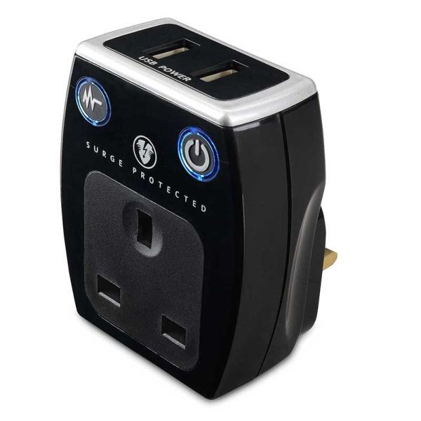 Masterplug SRGAUSBPB3 High Gloss Black 13A 2x USB-A 3.1A Plug-Through Surge Protected USB Adaptor