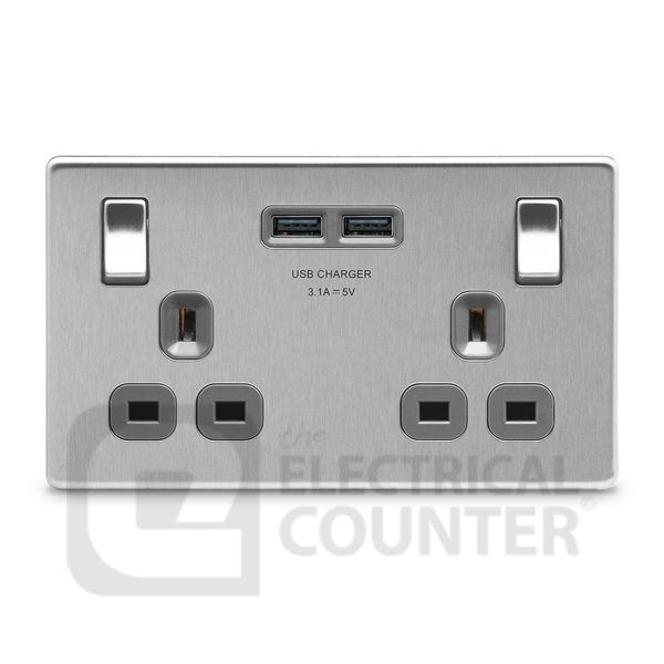 BG Electrical FBS22U3G USBeautiful Screwless Flat-Plate Double Switched Plug Socket Brushed Steel Grey Insert 2 USB 3.1A