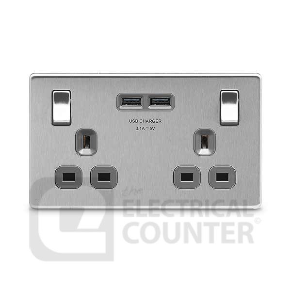 BG Electrical FBS22U3G USBeautiful Screwless Flat-Plate 10 Pack Double Switched Plug Socket Brushed Steel Grey Insert 2 USB 3.1A (10 Pack, 16.56 each)