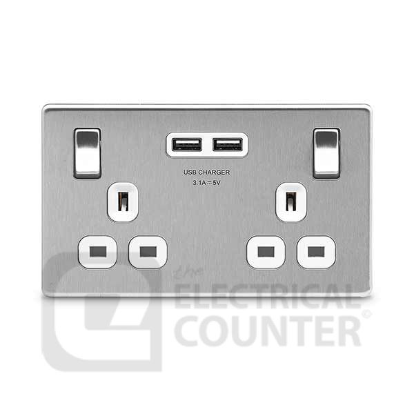 BG Electrical FBS22U3W USBeautiful Screwless Flat-Plate 10 Pack Double Switched Plug Socket Brushed Steel White Insert 2 USB 3.1A (10 Pack, 16.56 each)