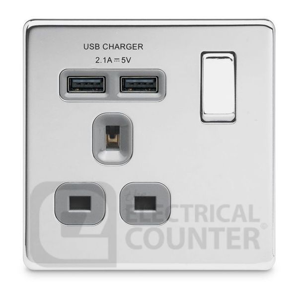 BG Electrical FPC21U2G USBeautiful Screwless Flat-Plate Single Switched Plug Socket Polished Chrome Grey Insert 2 USB 2.1A