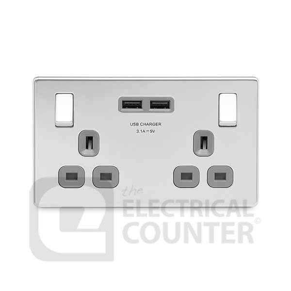 BG Electrical FPC22U3G USBeautiful Screwless Flat-Plate 10 Pack Double Switched Plug Socket Polished Chrome Grey Insert 2 USB 3.1A (10 Pack, 16.93 each)