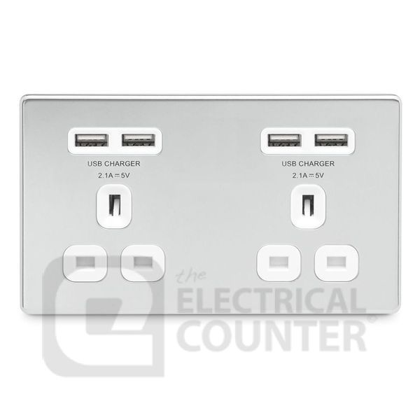 BG Electrical FPC24U44W USBeautiful Screwless Flat-Plate Unswitched Double Plug Socket Polished Chrome White Insert 4 USB 4.2A