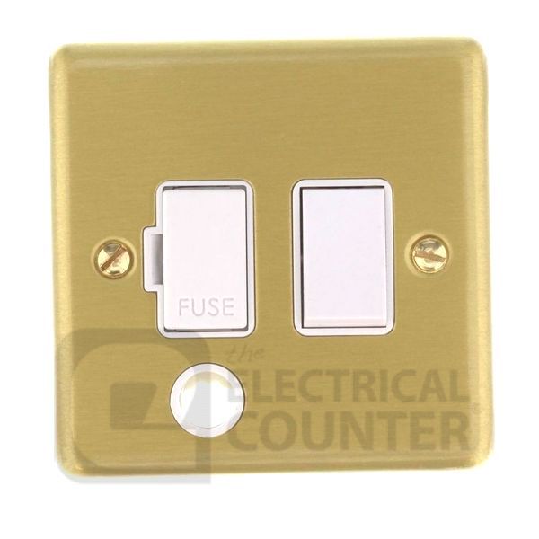Satin Brass Fused Connection Spur Unit Switched & Flex Outlet - White