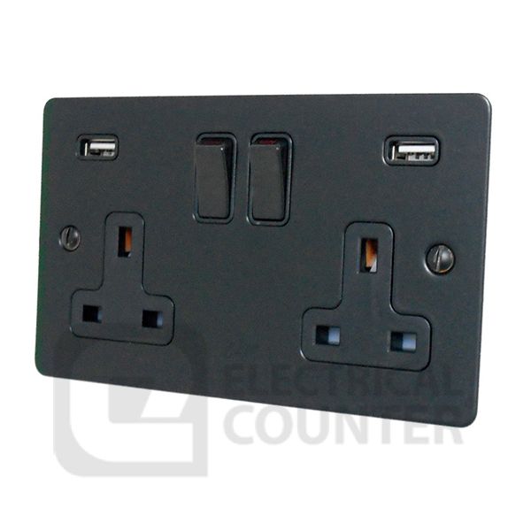 Flat Plate Matt Black Double 2 Gang Switched Socket 13 Amp with 2xUSB