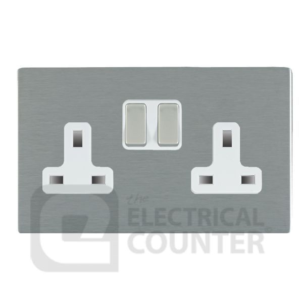 Hamilton 84CSS2SS-W Sheer CFX Satin Steel 2 Gang 13A Double Pole Switched Socket - White Insert