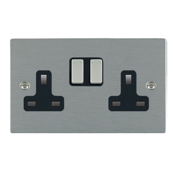Hamilton 84SS2SS-B Sheer Satin Steel 2 Gang 13A 2 Pole Switched Socket - Steel and Black Insert