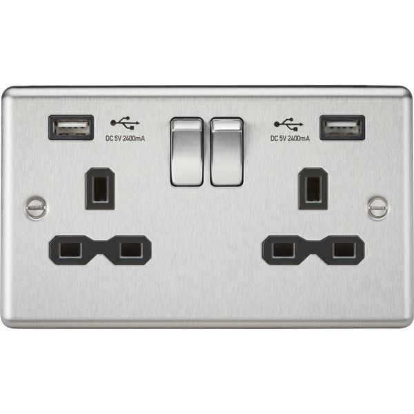Knightsbridge CL9224BC Brushed Chrome Rounded Edge 2 Gang 13A 2x USB-A 2.4A Switched Socket - Black Insert