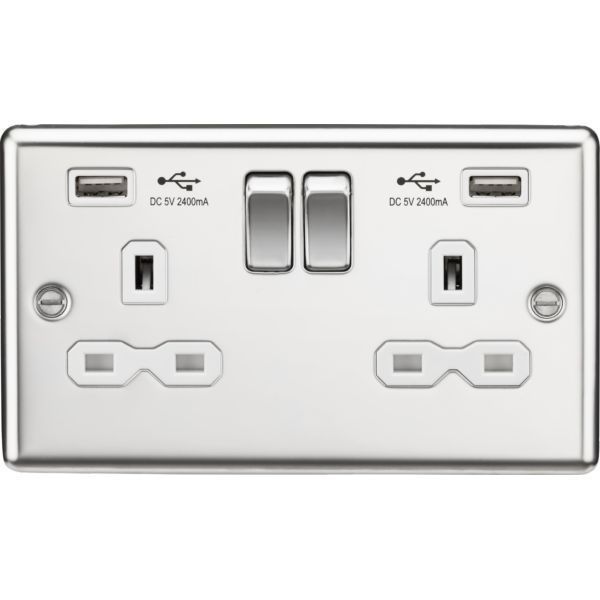 Knightsbridge CL9224PCW Polished Chrome Rounded Edge 2 Gang 13A 2x USB-A 2.4 Switched Socket - White Insert